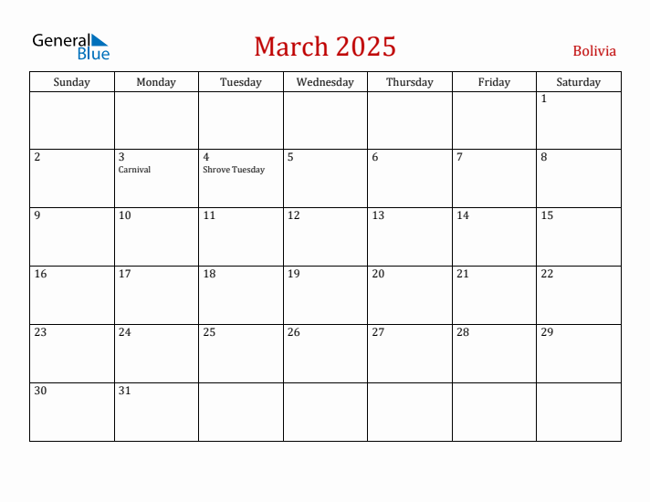 Bolivia March 2025 Calendar - Sunday Start
