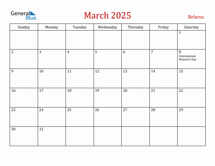 Belarus March 2025 Calendar - Sunday Start
