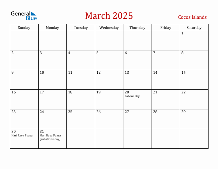Cocos Islands March 2025 Calendar - Sunday Start