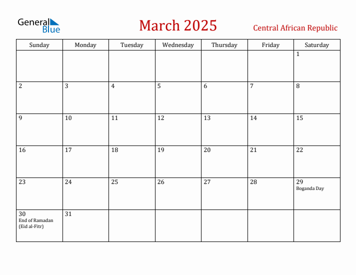 Central African Republic March 2025 Calendar - Sunday Start