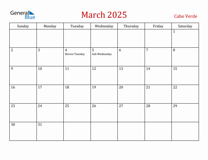 Cabo Verde March 2025 Calendar - Sunday Start
