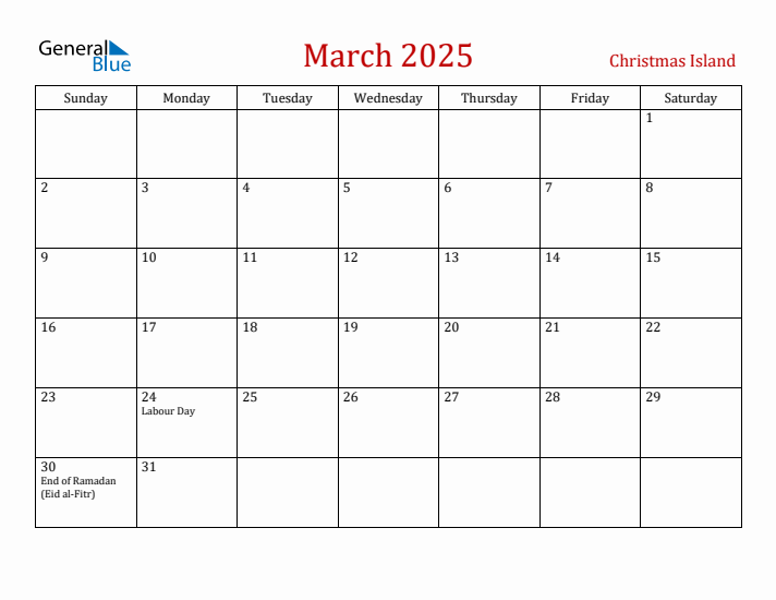 Christmas Island March 2025 Calendar - Sunday Start