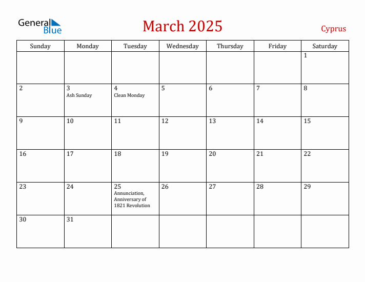 Cyprus March 2025 Calendar - Sunday Start