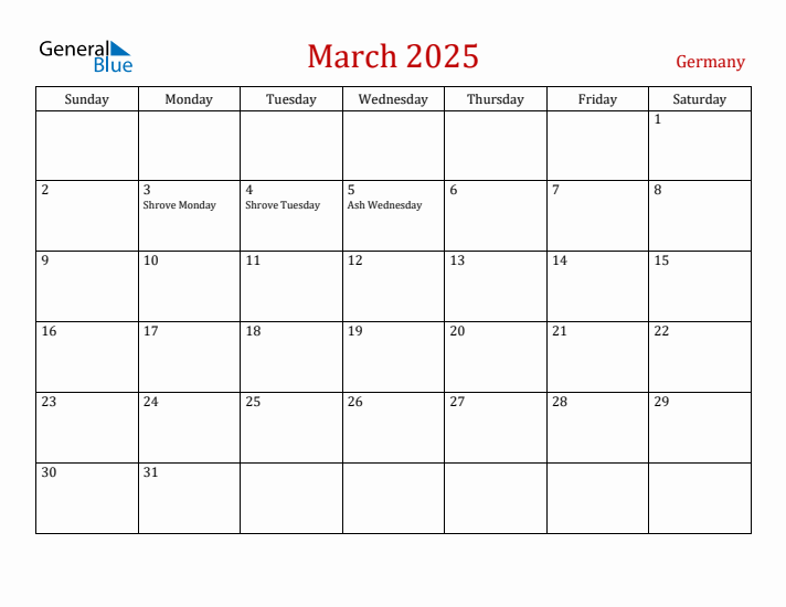 Germany March 2025 Calendar - Sunday Start