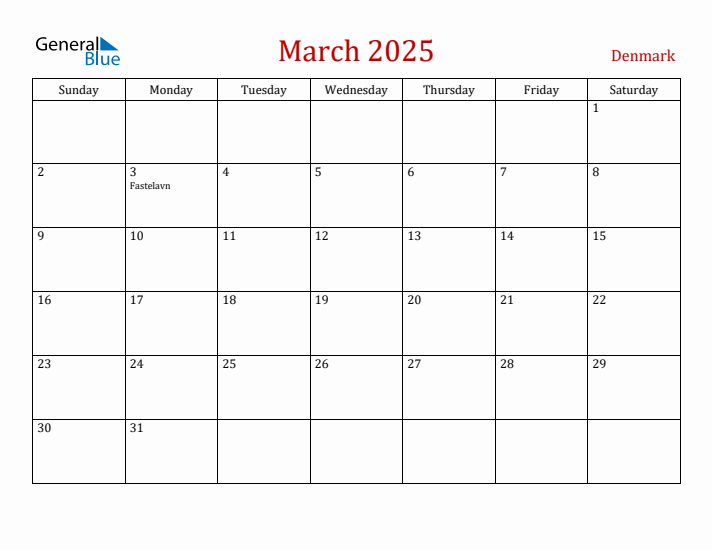 Denmark March 2025 Calendar - Sunday Start