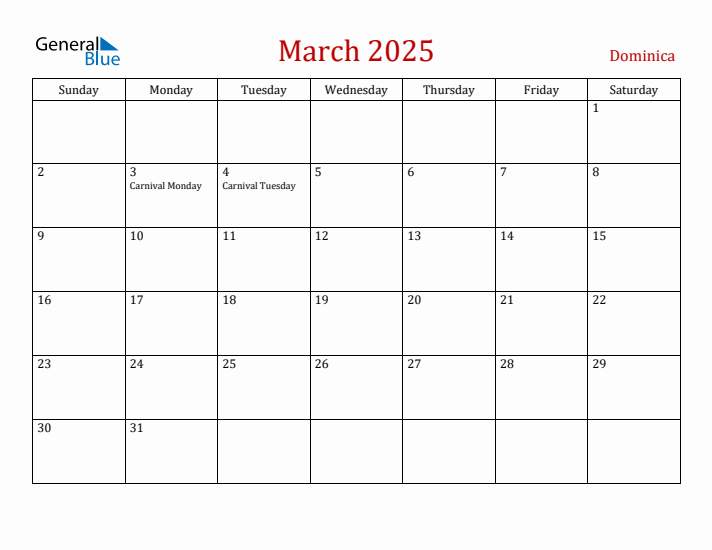 Dominica March 2025 Calendar - Sunday Start