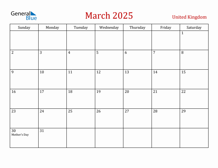 United Kingdom March 2025 Calendar - Sunday Start