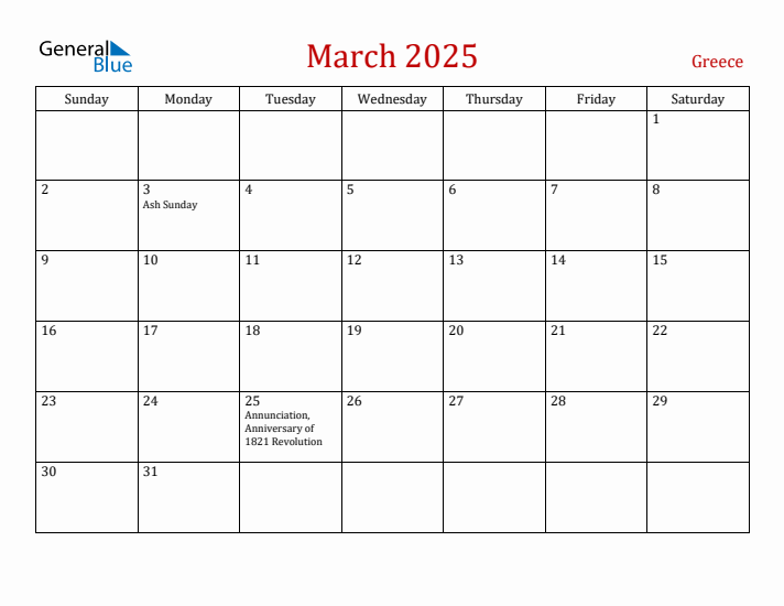Greece March 2025 Calendar - Sunday Start