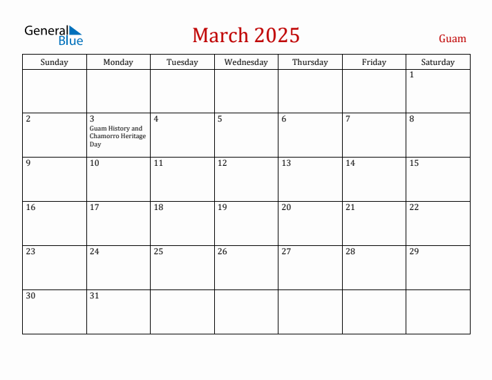 Guam March 2025 Calendar - Sunday Start