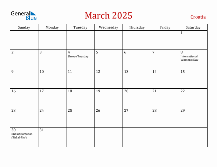 Croatia March 2025 Calendar - Sunday Start