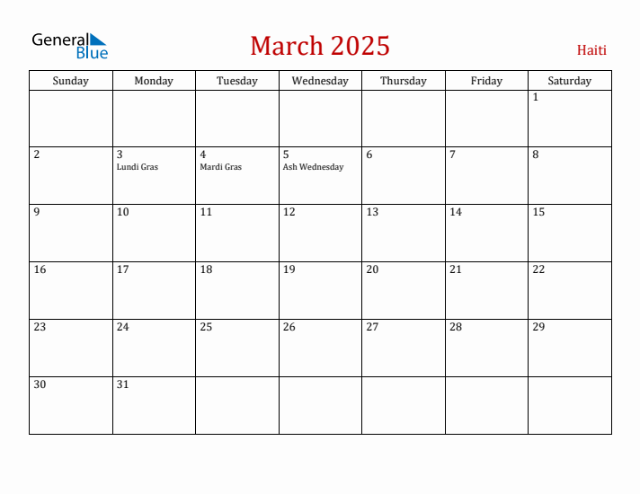 Haiti March 2025 Calendar - Sunday Start