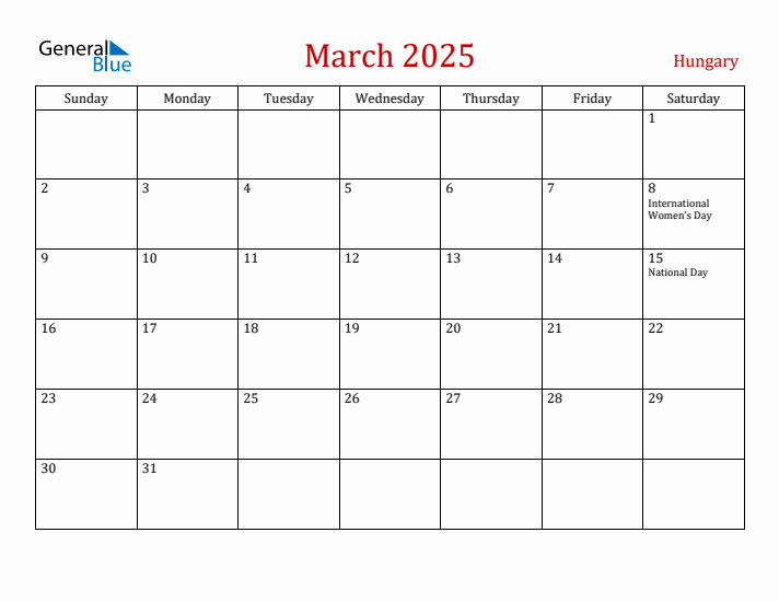 Hungary March 2025 Calendar - Sunday Start