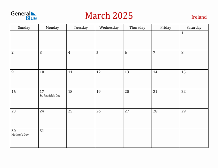 Ireland March 2025 Calendar - Sunday Start