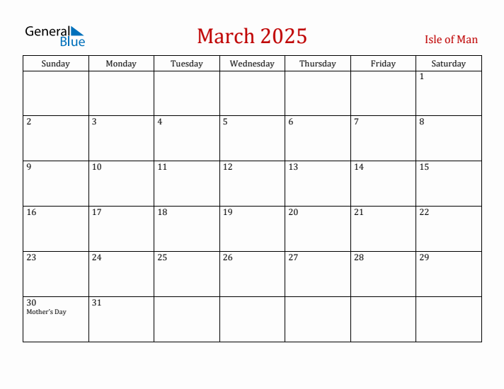 Isle of Man March 2025 Calendar - Sunday Start
