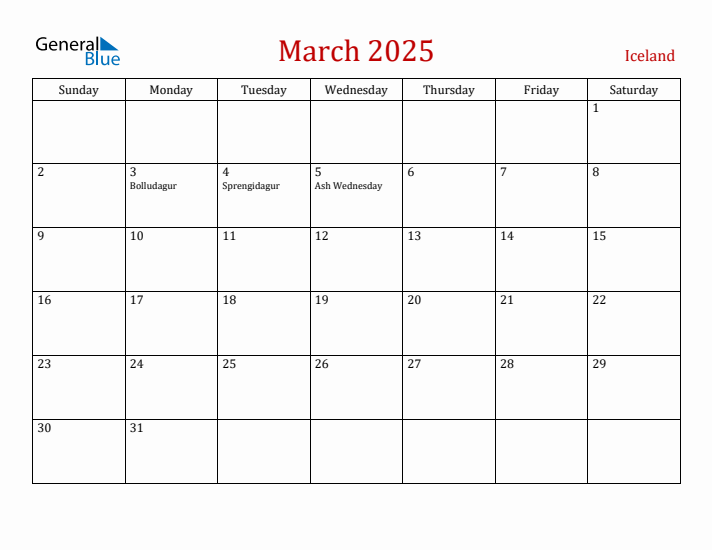 Iceland March 2025 Calendar - Sunday Start