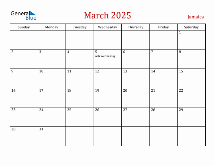 Jamaica March 2025 Calendar - Sunday Start