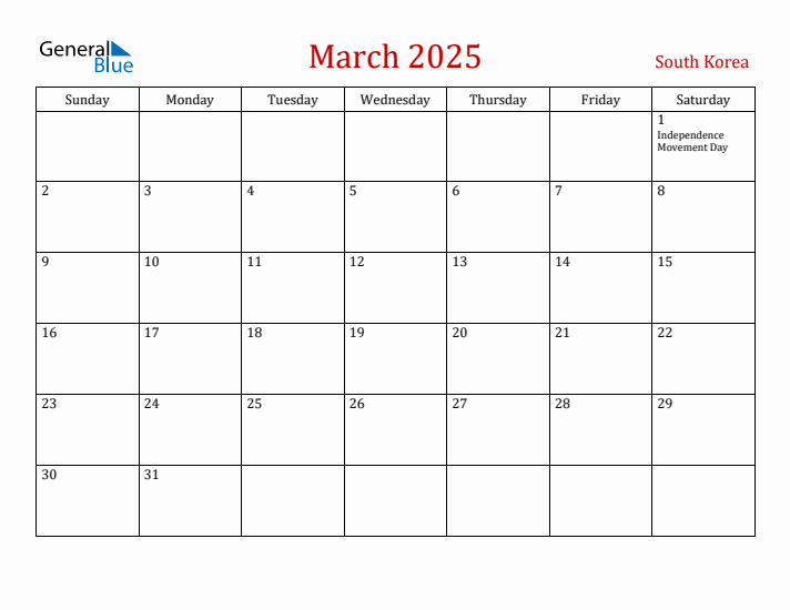 South Korea March 2025 Calendar - Sunday Start