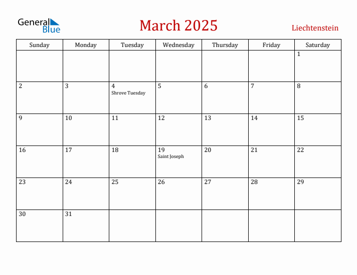 Liechtenstein March 2025 Calendar - Sunday Start