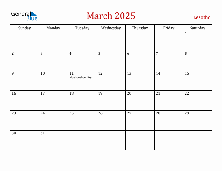 Lesotho March 2025 Calendar - Sunday Start