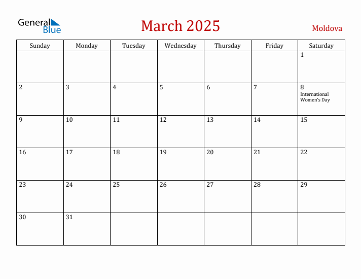 Moldova March 2025 Calendar - Sunday Start