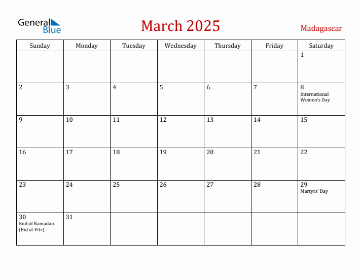 Madagascar March 2025 Calendar - Sunday Start