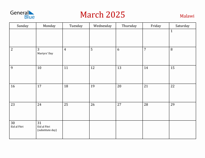 Malawi March 2025 Calendar - Sunday Start