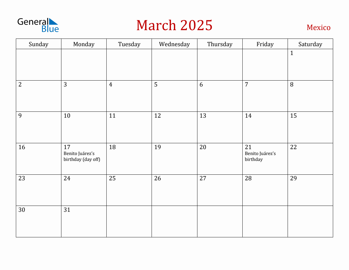 March 2025 Mexico Monthly Calendar with Holidays