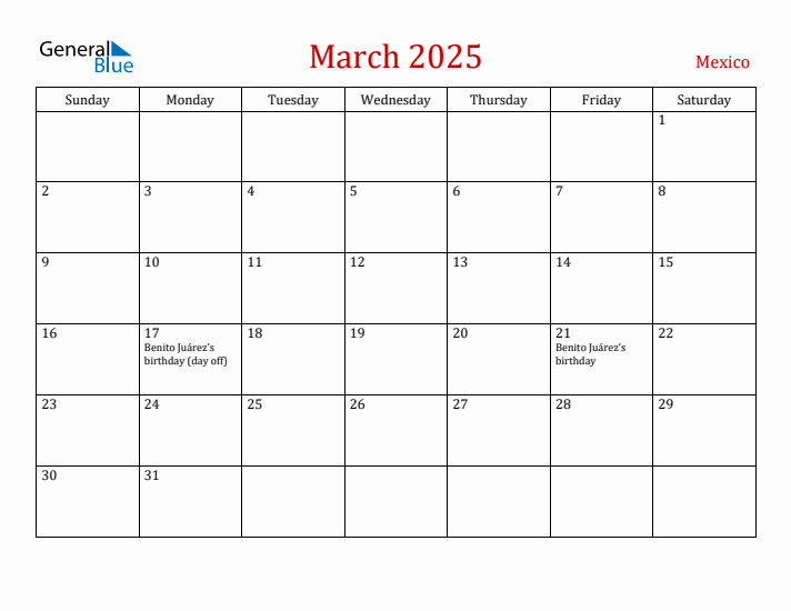 Mexico March 2025 Calendar - Sunday Start