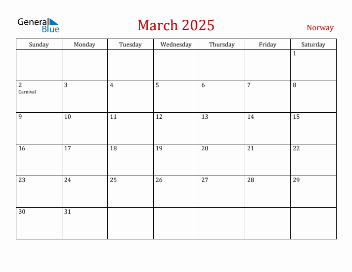 Norway March 2025 Calendar - Sunday Start