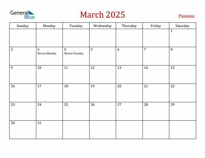 Panama March 2025 Calendar - Sunday Start