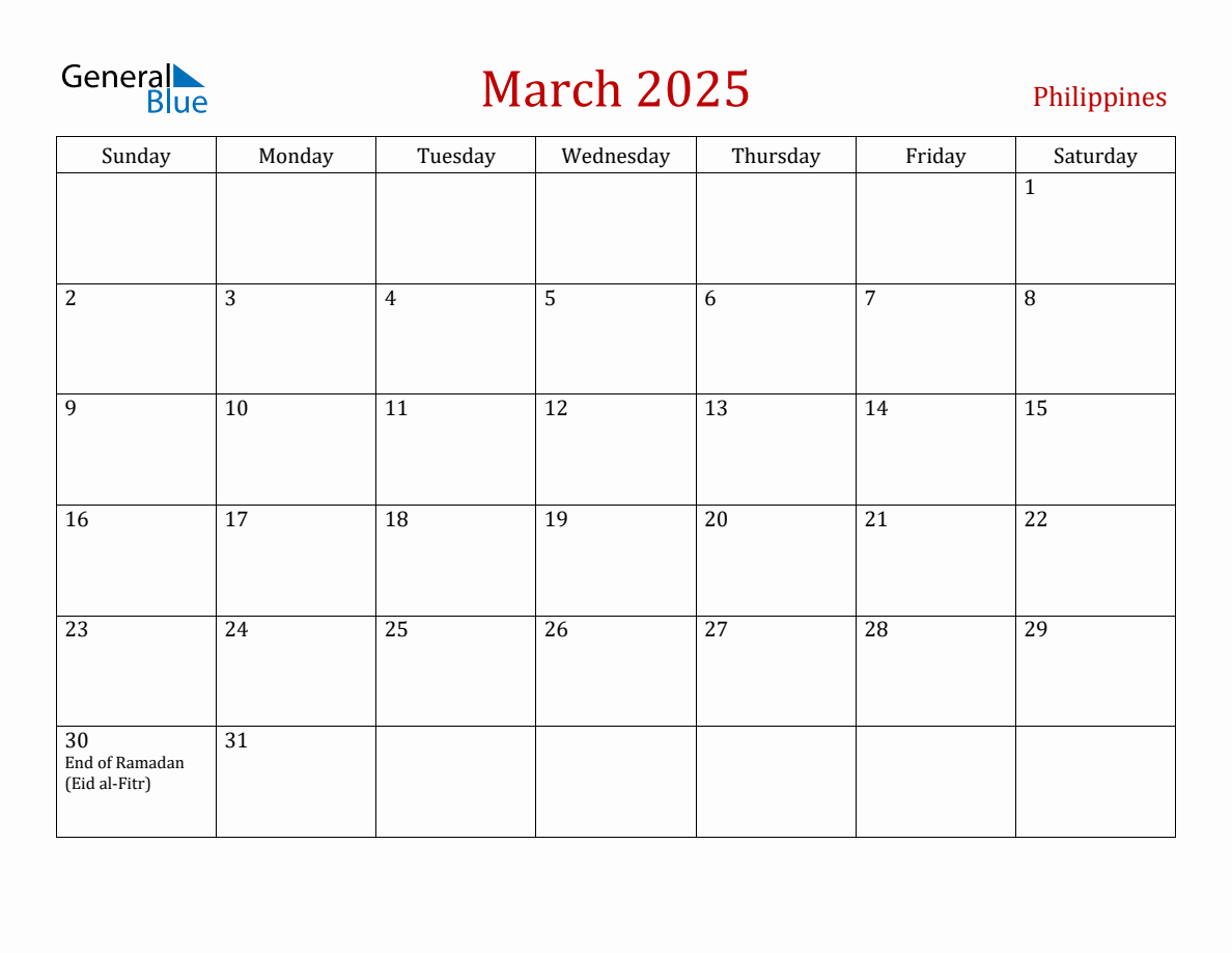 March 2025 Philippines Monthly Calendar with Holidays