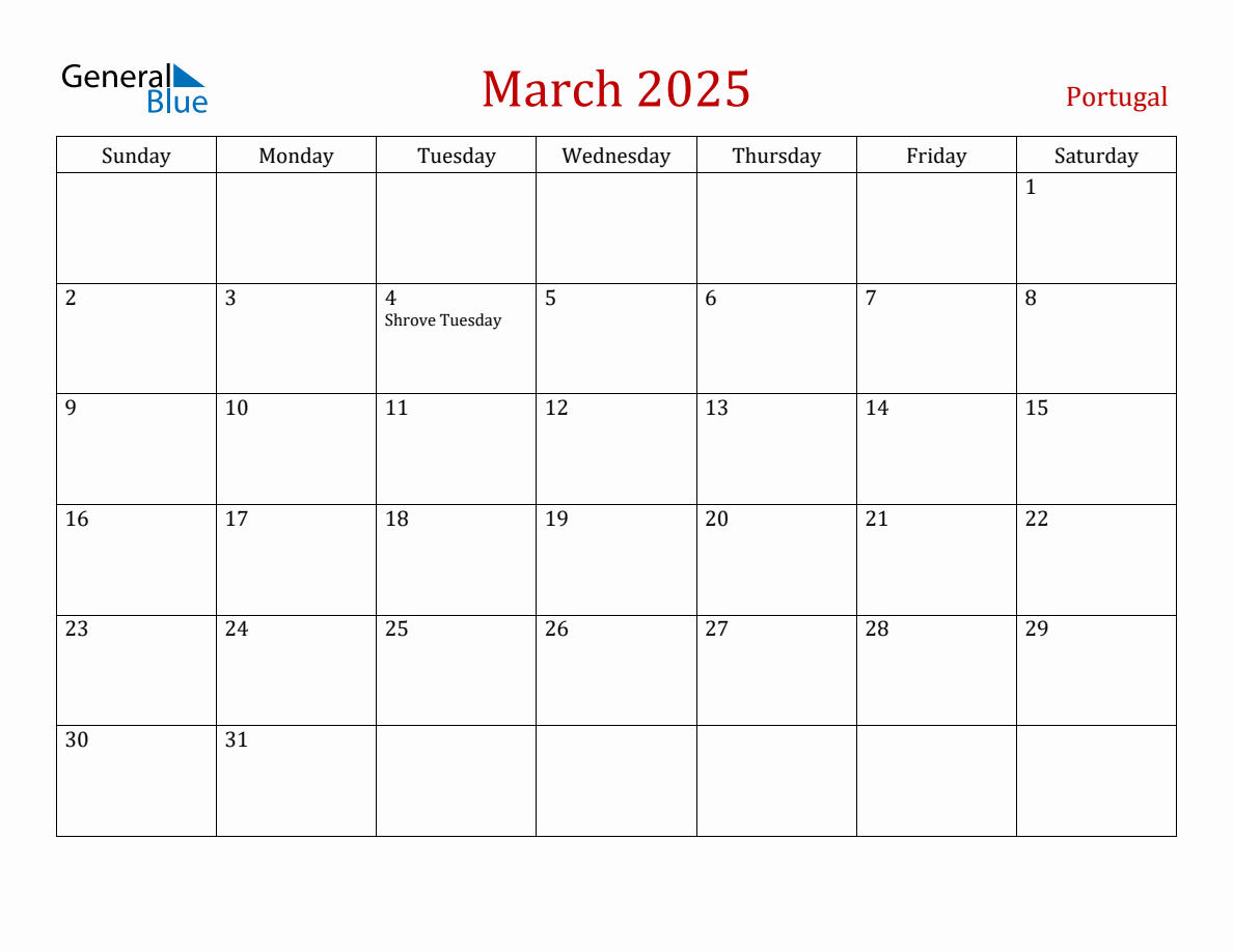 March 2025 Portugal Monthly Calendar with Holidays