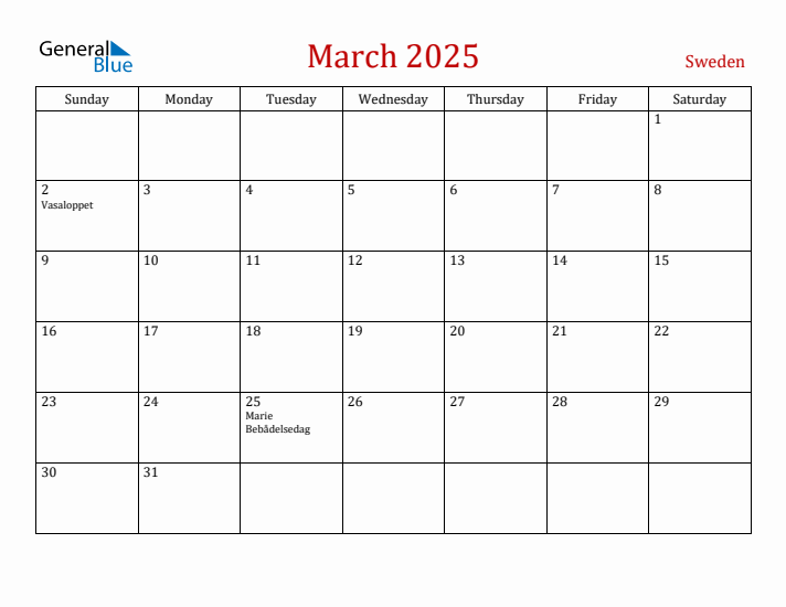 Sweden March 2025 Calendar - Sunday Start