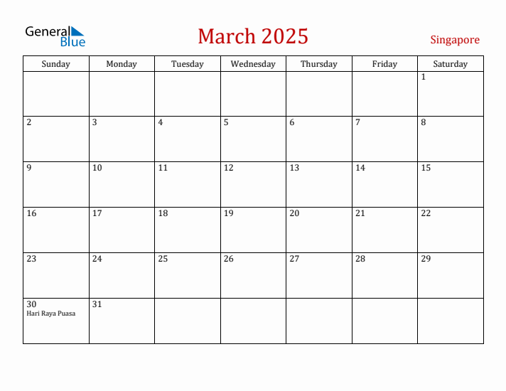 Singapore March 2025 Calendar - Sunday Start