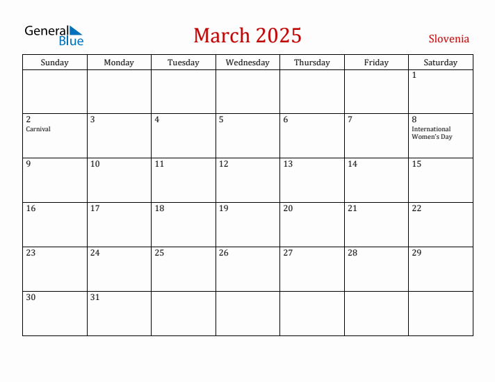 Slovenia March 2025 Calendar - Sunday Start