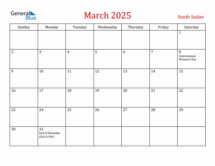 South Sudan March 2025 Calendar - Sunday Start