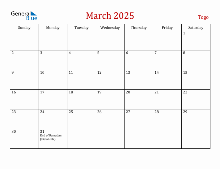 Togo March 2025 Calendar - Sunday Start