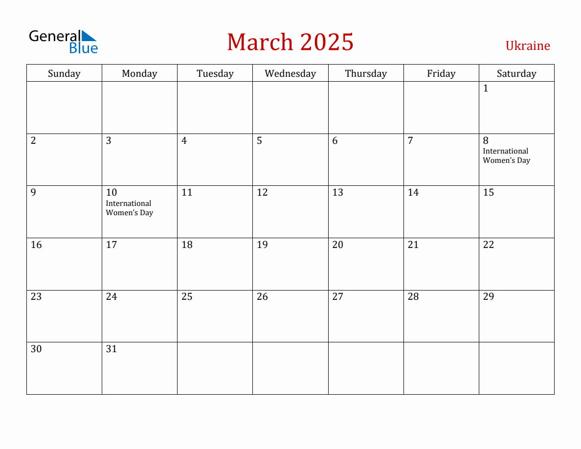 March 2025 Ukraine Monthly Calendar with Holidays