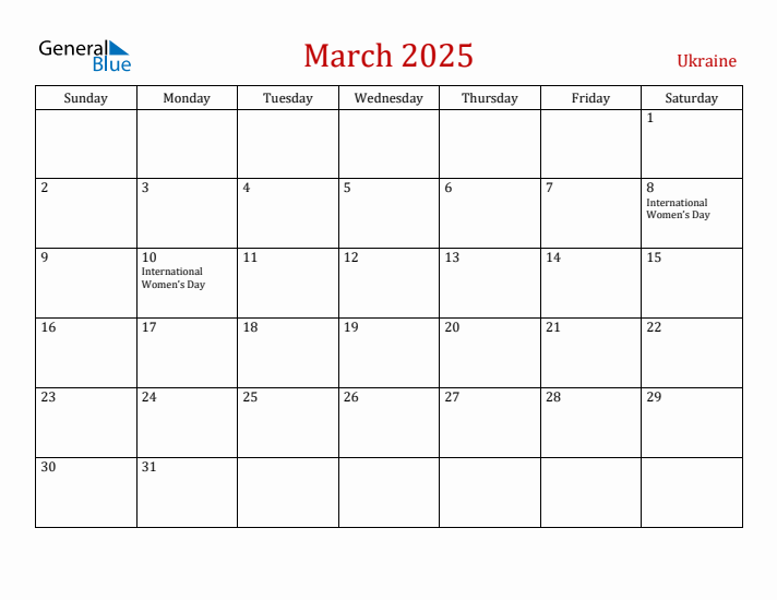 Ukraine March 2025 Calendar - Sunday Start