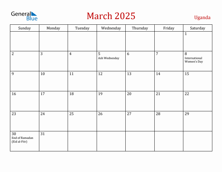 Uganda March 2025 Calendar - Sunday Start