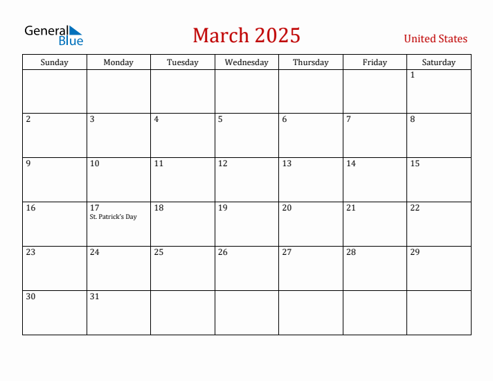 United States March 2025 Calendar - Sunday Start