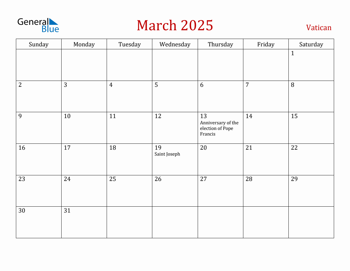 March 2025 Vatican Monthly Calendar with Holidays