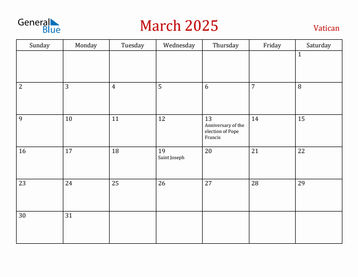Vatican March 2025 Calendar - Sunday Start