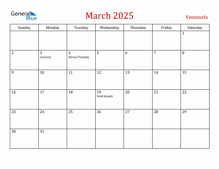 Venezuela March 2025 Calendar - Sunday Start
