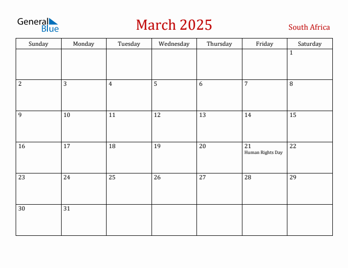 South Africa March 2025 Calendar - Sunday Start