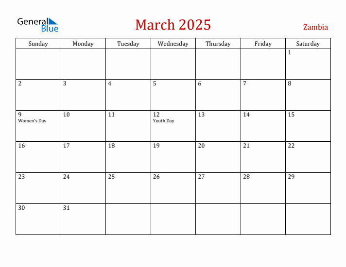 Zambia March 2025 Calendar - Sunday Start