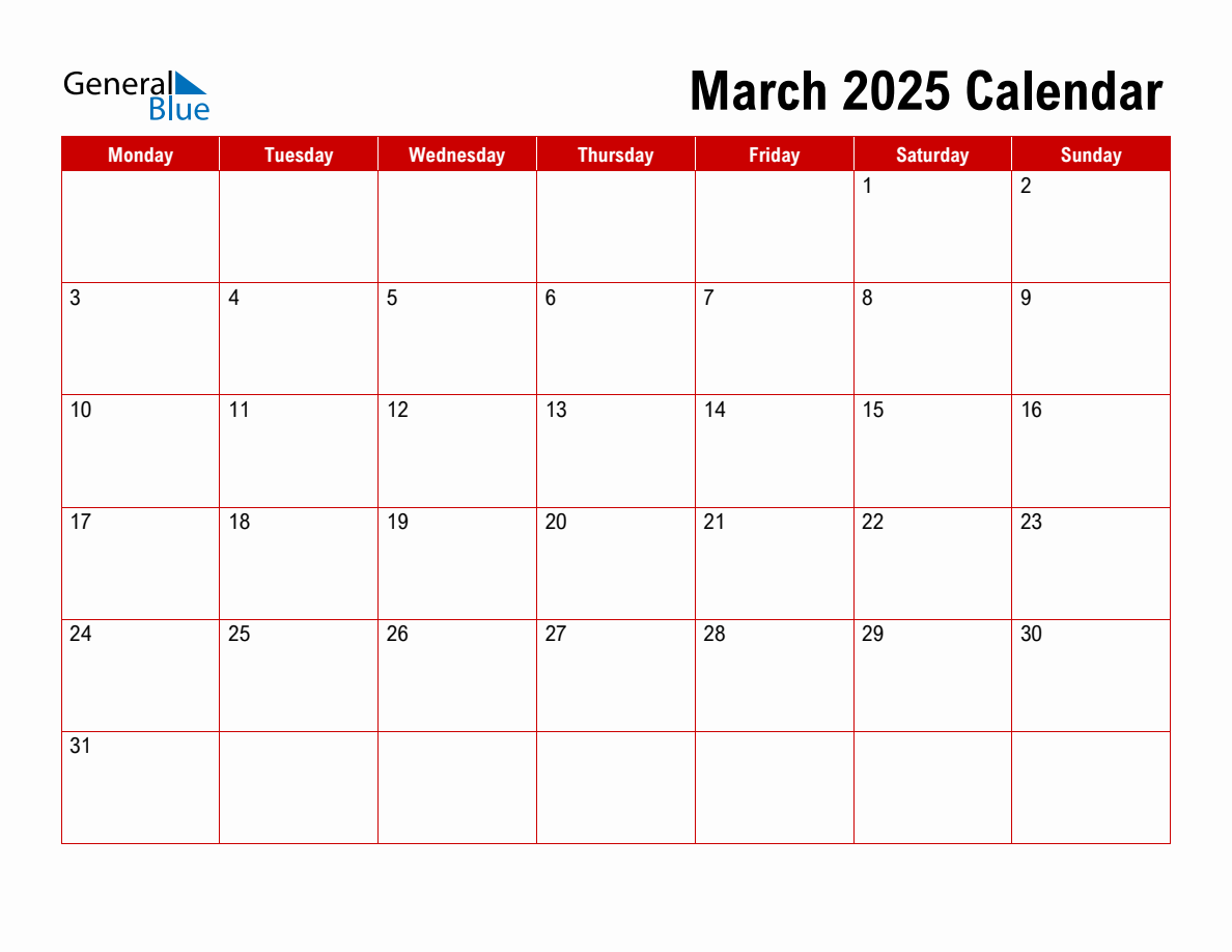 Basic Monthly Calendar March 2025