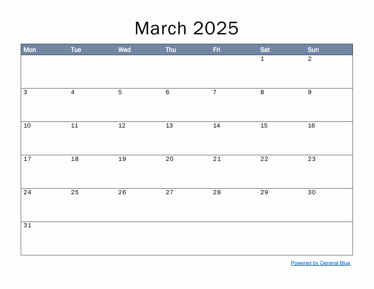 Monthly Calendar Template for March 2025