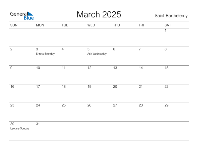 Saint Barthelemy March 2025 Calendar with Holidays