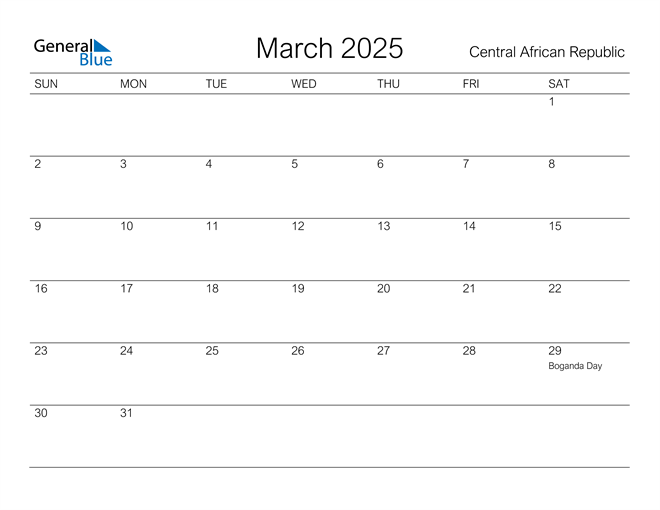 March 2025 Calendar with Central African Republic Holidays